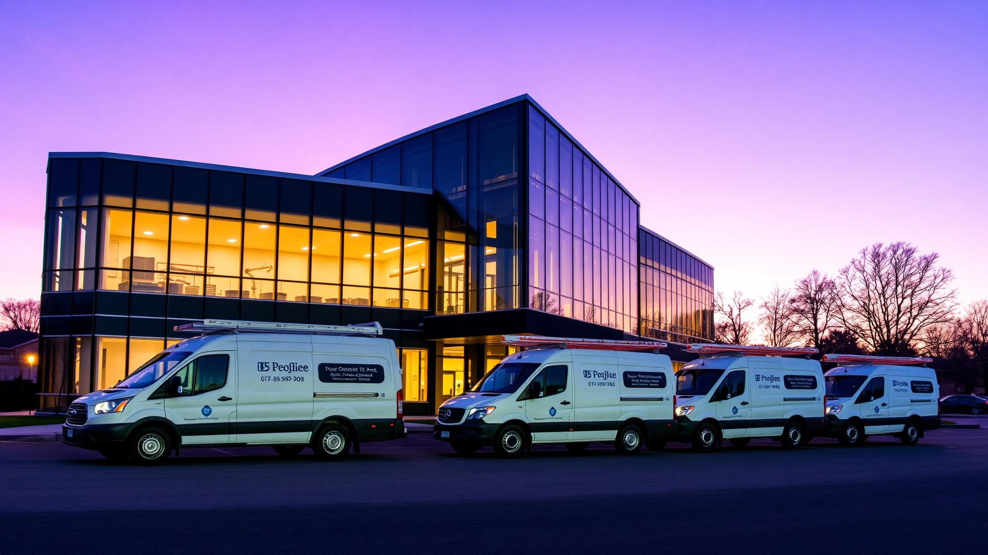 Toes Mechanical service van fleet parked outside a lit commercial office building at dusk